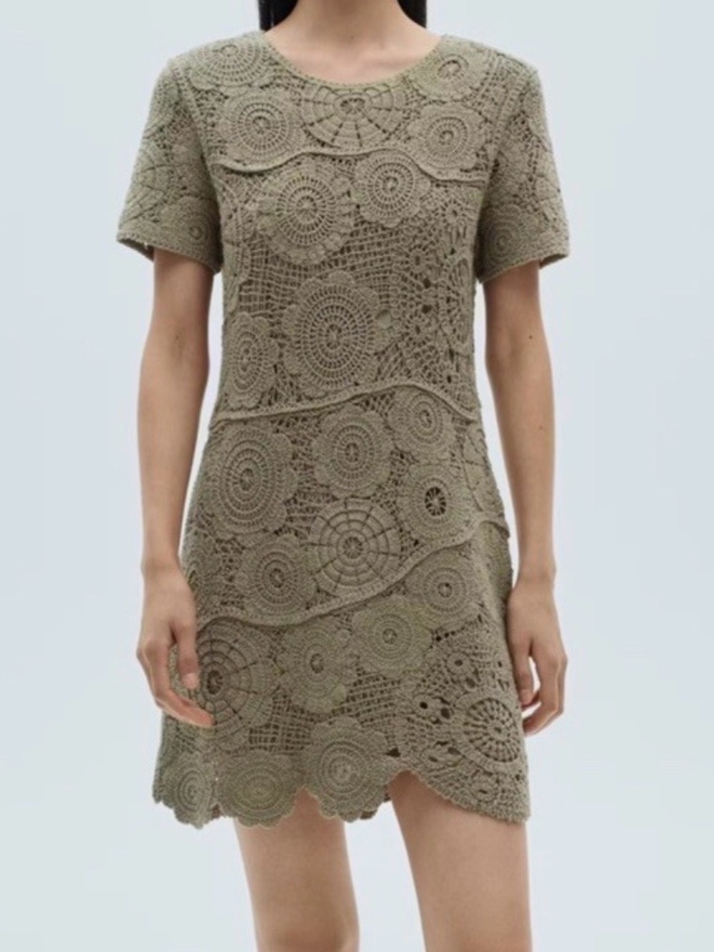 NWT MANGO Khaki Crochet Knitted Cotton Mini Dress Boho Cottagecore Size Small 4